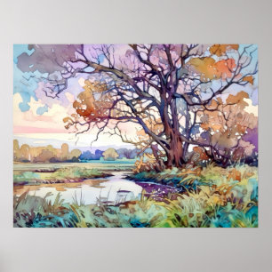 Poster Paysage de campagne aquarelle