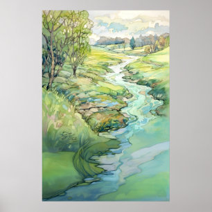 Poster Paysage de campagne peinture aquarelle