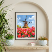 Poster Paysage de champ de tulipes de moulin à vent holla