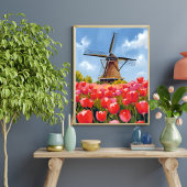 Poster Paysage de champ de tulipes de moulin à vent holla