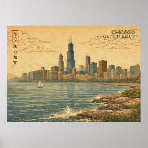 Poster Paysage de Chicago dans l'Ukiyo-e japonais