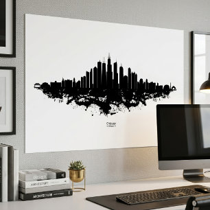 Poster Paysage de Chicago Noir Blanc Aquarelle Art de Vil