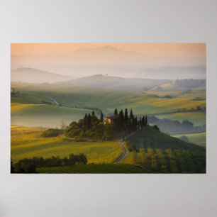 Poster Paysage de collines de Toscane au lever du soleil