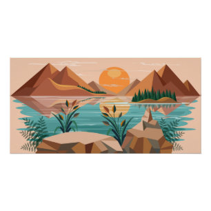 Poster Paysage de coucher de soleil au lac de montagne pa