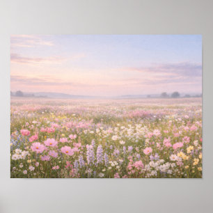 Poster Paysage de coucher de soleil pastel avec prairie d