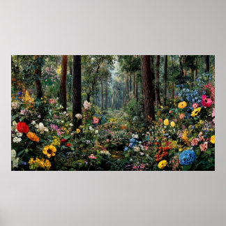 Poster Paysage de fleurs colorées avec scène d'arbres vib
