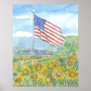 Poster Paysage de fleurs sauvages jaunes avec drapeau amé
