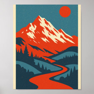 Poster Paysage de la montagne Retro Po Vintage rouge et