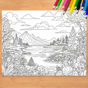 Poster Paysage de lac de montagne à colorier en couleur