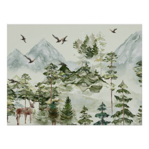Poster Paysage de l'aquarelle des forêts et des montagnes