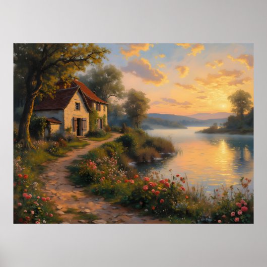 Poster Paysage de lever de soleil à la ferme rustique (Devant)