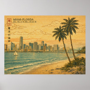 Poster Paysage de Miami Floride dans le style Ukiyo-e jap