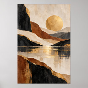 Poster Paysage de montagne abstrait de soleil doré sur to