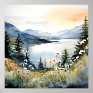 Poster Paysage de montagne aquarelle peinture art Imprime