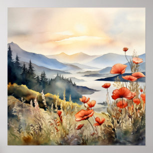 Poster Paysage de montagne aquarelle peinture art Imprime