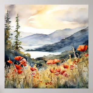 Poster Paysage de montagne aquarelle peinture art Imprime