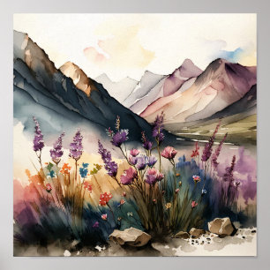 Poster Paysage de montagne avec aquarelle Fleur sauvage