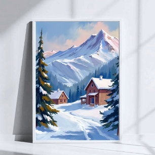 Poster Paysage de montagne de chalet de ski aquarelle hiv