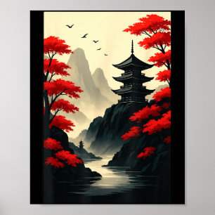 Poster Paysage de montagne de château de pagode japonaise
