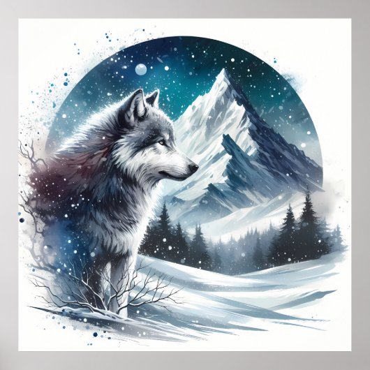 Poster Paysage de montagne d'hiver avec loup (Devant)