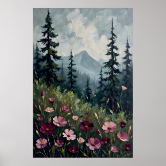 Poster Paysage de montagne impressionniste avec fleurs sa