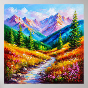 Poster Paysage de montagne vibrant avec ruisseau et fleur