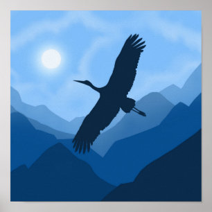 Poster Paysage de montagne. Vol d'un oiseau