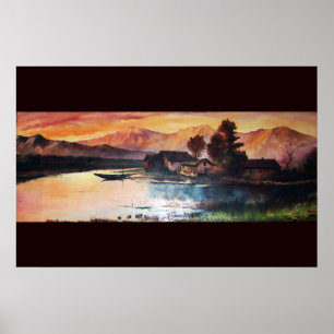 POSTER PAYSAGE DE MONTAGNES ROSES AU COUCHER DU SOLEIL SU