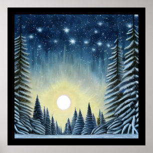Poster Paysage De Neige À feuillage persistant Lune Sous 