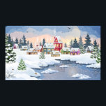 Poster Paysage de Noël d'hiver avec maison enneigée<br><div class="desc">Paysage de Noël d'hiver avec maisons enneigées dans une forêt de pins sur les rives d'une rivière gelée. Noël,  neige,  forêt,  paysage,  village,  abstrait,  architecture,  arrière - plan,  oiseau,  bâtiments,  célébration,  arbre de Noël,  ville,  paysage,  décembre,  décoration,  accueil,  vacances,  maison,  vintage,  rétro,  illustration, </div>