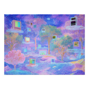 Poster Paysage de nuages Vaporwave avec fenêtres flottant