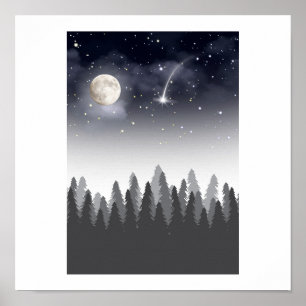 Poster Paysage de nuit étoilée de la forêt lunaire mystiq
