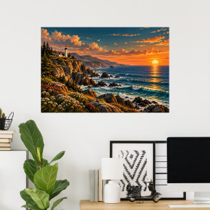 Poster Paysage de phare côtier vintage sur toile