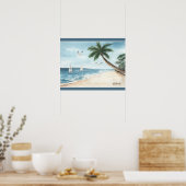 Poster Paysage de plage avec voiliers Aquarelle Bleu (Cuisine)