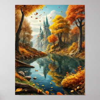 Poster Paysage de rêve automnal avec château magique et r