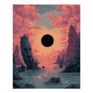 Poster Paysage de rêve surréaliste d'éclipse de coucher d