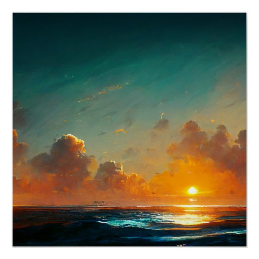 Poster Paysage des vagues océaniques au coucher du soleil (Devant)