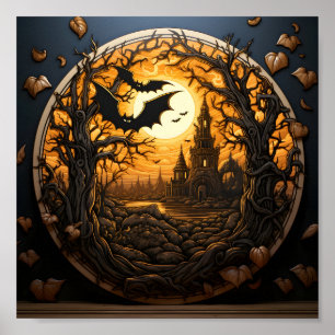 Poster Paysage D'Halloween Dans La Forêt Avec Chauve-Feu 