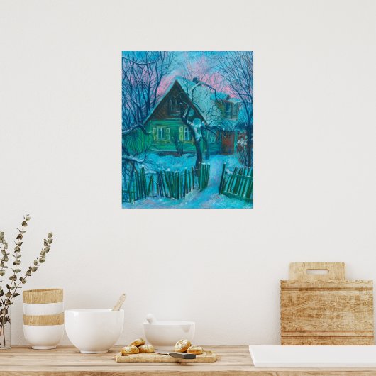 Poster Paysage d'hiver Ancien gîte Maison Pastel Peinture (Cuisine)