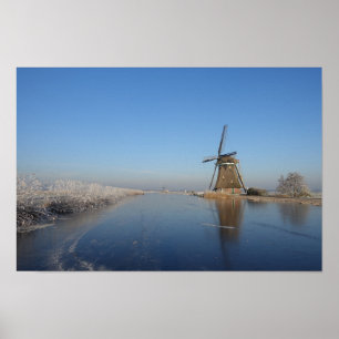 Poster Paysage d'hiver avec le moulin à vent et la glace