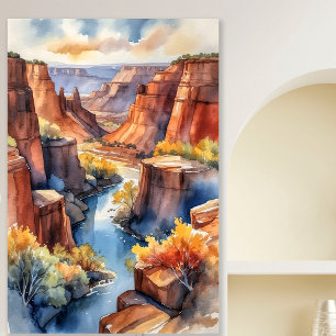 Poster Paysage du canyon d'aquarelle avec rivière et fala