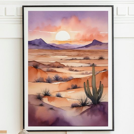 Poster Paysage du désert d'aquarelle avec coucher de sole