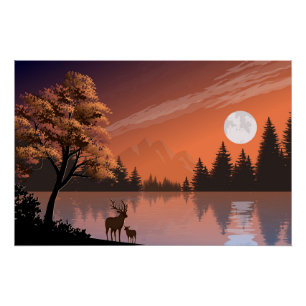 Poster Paysage du lever du soleil avec lac et Deers-51207