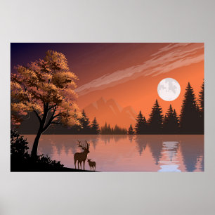 Poster Paysage du lever du soleil avec lac et Deers-51207