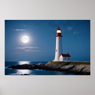 Poster Paysage du phare Côte Océan Calme Mer Nuit
