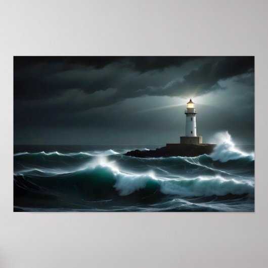 Poster Paysage du phare Côte Océan Vagues Nuit Mer (Devant)