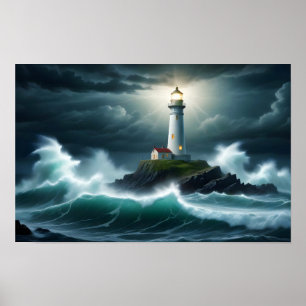 Poster Paysage du phare Côte Océan Vagues Nuit Mer
