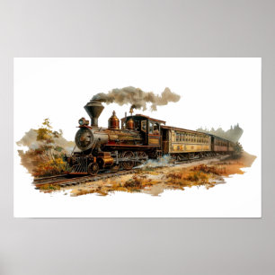 Poster Paysage du train à vapeur vintage Petite illustrat