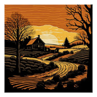 Paysage en gravure sur bois