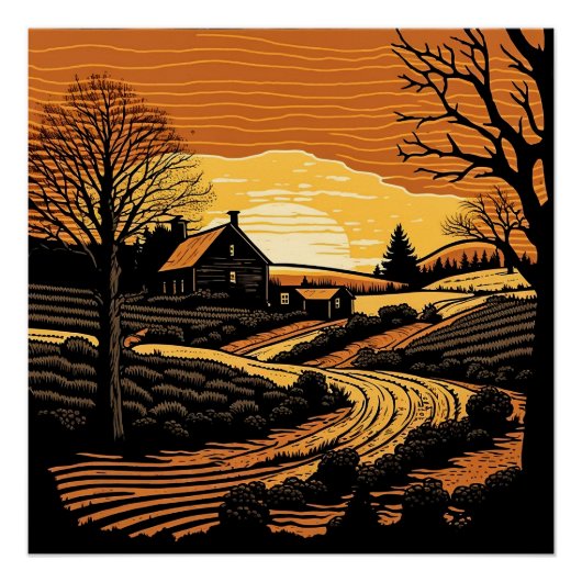 Poster Paysage en gravure sur bois (Devant)